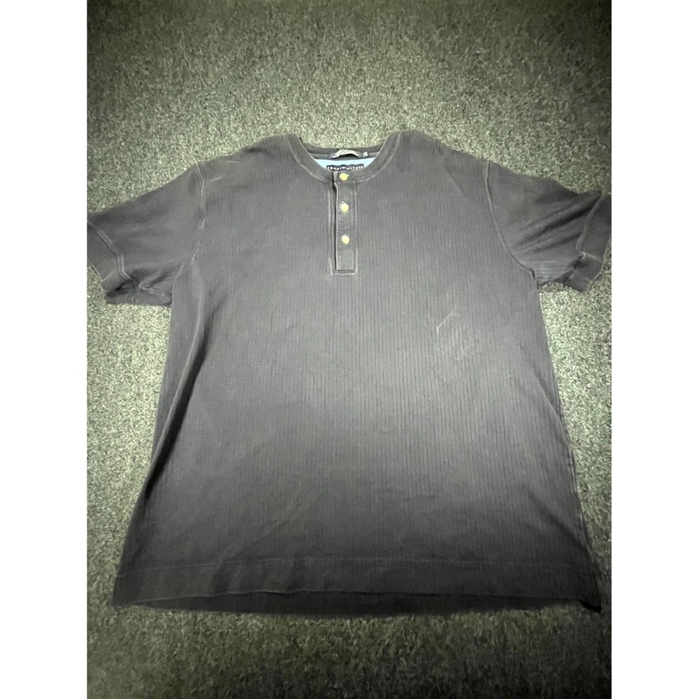 Vintage Tommy Hilfiger Henley Shirt Mens XL Black Ribbed Short Sleeve 90s Flag